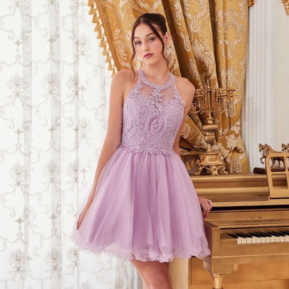 New Baby Doll Homecoming Dress w/ Halter Neck & Floral lace Details UJ0119